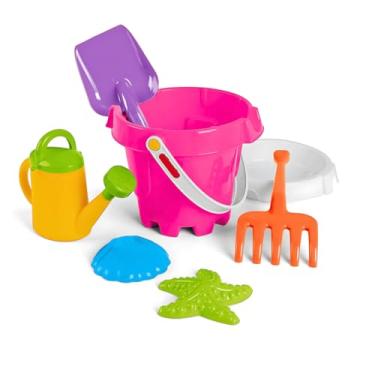 Imagem de Balde de praia infantil 6 peças com regador, ancinho, pá e molde de estrela do mar, cores sortidas (ROSA)