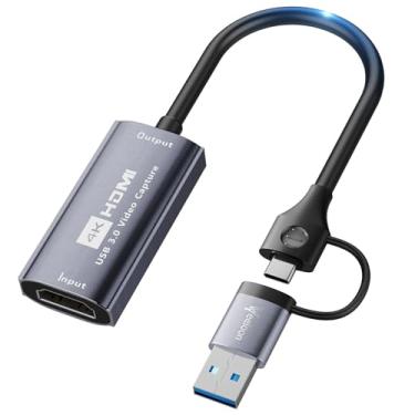Imagem de Placa de captura de vídeo, placa de captura Veeloon 4K HDMI para Tipo-C com adaptador USB 3.0, captura 1080p 60FPS para ensino/transmissão/jogos/transmissão/conferência, compatível com Windows, MacOS,