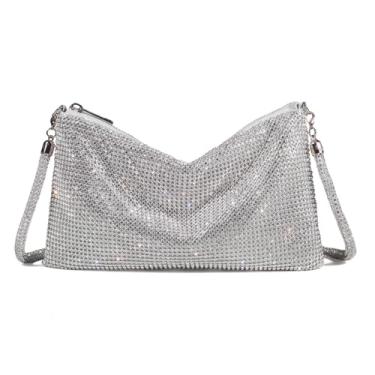 Imagem de SlHiEke Bolsa transversal de strass brilhante clutch bolsa de mão diamante brilhante Hobo strass bolsas para mulheres, Prata., 9.6*1.8*5.5