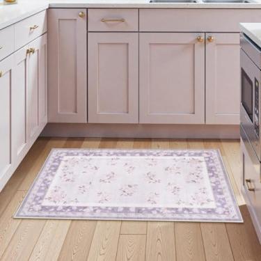 Imagem de LIVEBOX Tapete floral lavável 2x3, tapetes de banheiro boho antiderrapante macio quarto francês tapete campestre ultra fino flor pequena tapete para entrada tapete de porta interna para cozinha, roxo
