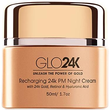Imagem de GLO24K Night Cream com ouro 24k, Retinol, vitaminas e ácido hialurônico. Otimamente hidratar a pele enquanto você dorme.