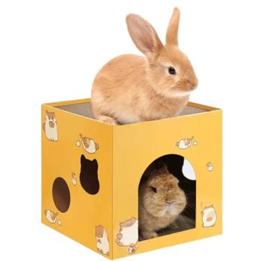 Imagem de Casa de coelho de papelão com 2 andares para arranhar casa de brinquedo de porquinho da índia, caverna esconderijo e brinquedo de arranhar condomínios de coelho ondulado durável para gatos internos