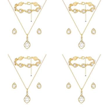 Imagem de Conjunto de joias de dama de honra para casamento, 1-4-6-8 conjuntos de 18k ouro / ouro rosa / banhado a prata pingente de gota pavê colar de pérolas conjunto de pulseira para presente de dama de honra, acessórios de festa de casamento presentes para mulheres e meninas, Zinco Metal Pérola sintética,