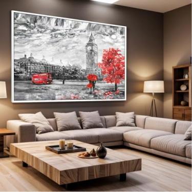 Imagem de Quadro Decorativo com Moldura Sala 90x60 Londres Arte Preto Branco Vermelho Luxo Grande Horizontal