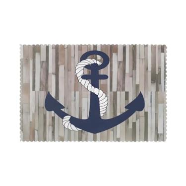 Imagem de Conjunto de 6 tapetes de mesa, âncora azul marinho náutico, prancha de madeira, resistente ao calor, antiderrapante, para decoração de mesa de banquete de férias, cozinha, lavável na máquina