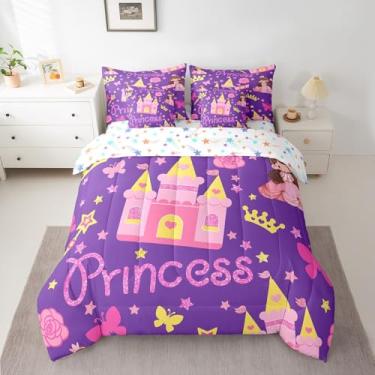 Imagem de Conjunto de edredom castelo de princesas sonhadoras, castelo castelo de estrelas, meninas com edredom, fronhas, fronhas, lençol de cima, lençol com elástico, lençol de cima e borboleta floral para