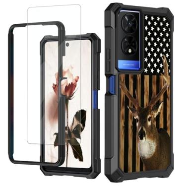 Imagem de RAUEDWDJS Capa para TCL 50 XE 5G com protetor de tela temperada, PC rígido resistente e TPU macio à prova de choque capa protetora para telefone para TCL 50 XE, bandeira americana veado