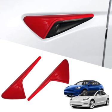 Imagem de YHCDSEA Capa de proteção lateral para câmera modelo 3, modelo 3, modelo Y, acessórios de decoração adequados para Tesla Model 3 Model Y Autopilot 2.0-3.0 (vermelho)