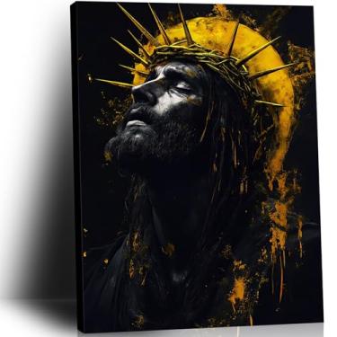 Imagem de Arte de parede em tela de Jesus preto coroa de espinhos imagens religiosas modernas cristãs impressão de pôster dourado preto pintura inspiradora para decoração de igreja ou escritório em casa