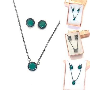 Imagem de Conjunto Colar e Brinco Delicados Semijoias Ródio Negro (Bolinha cravejada esmeralda)