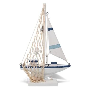 Imagem de Puzzled COTA Global Decoração de veleiro com listras azuis – Decoração de barco de madeira feita à mão, decorações de barco à vela em estilo de praia, decoração de mesa com tema náutico, peça central