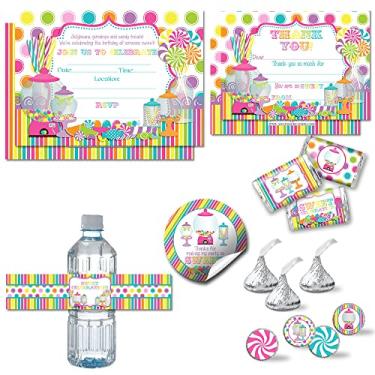 Imagem de Amanda Creation O pacote de festa de aniversário Deluxe Sweet Shoppe Candy Shop inclui 20 convites e cartões de agradecimento com envelopes + 2 tamanhos de adesivos e etiquetas de garrafa de água!