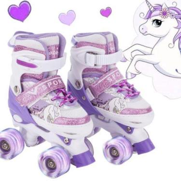 Imagem de Patins Quad De 4 Rodas Infantil Meninas Roxo Com Luz De Led Ajustável 