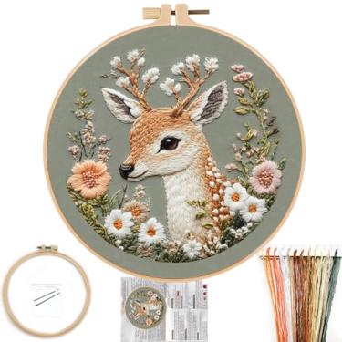 Imagem de FONNUY Kit de bordado floral e veado impresso com argola, kits de ponto cruz para iniciantes, artesanato artesanal, bordado de linha colorida fácil de seguir, argola de 20 cm (cervos e flores)