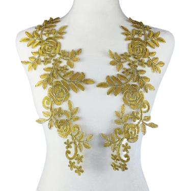 Imagem de Carytalee 1 par de remendos de flores de renda 3D costurados em fita de renda bordada aplique de vestido de casamento aplique de roupas faça você mesmo costura artesanato decoração suprimentos, ouro