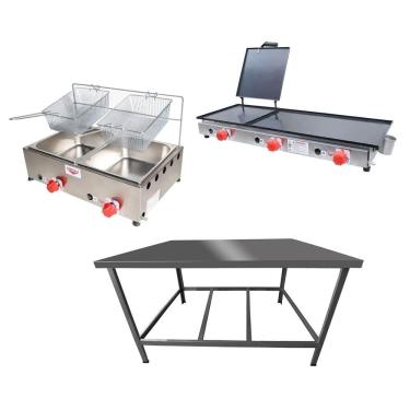 Imagem de Kit Lanchonete Mesa De Manipulação 100x55cm + Fritadeira A Gás 2 Cuba + Chapa A Gás 90cm Alcamar