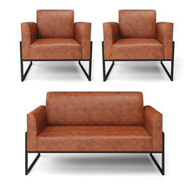 Imagem de Sofá Namoradeira Com 2 Poltronas Base Industrial Alta Preto Marisa Corano Nozes D03 - D\'rossi