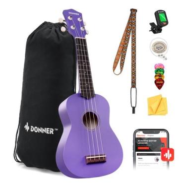 Imagem de Ukulele Donner Soprano de 21 polegadas para iniciantes com kit roxo