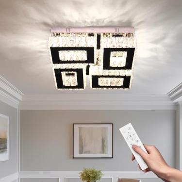 Imagem de YPQXYHDA Lustre Moderno Quadrado De Cristal 13,1'', Luminária Teto Em Aço Inoxidável Com Led Embutido Para Quarto, Sala Estar E Cozinha (Regulável)