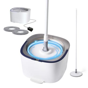 Imagem de REECOO Sistema De Esfregão Giratório E Balde Elétrico, Torção Automático Exclusivo Para Lavagem, Com 2 Panos Microfibra, Adequado Pisos Madeira Mármore - Branco