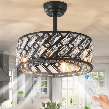 Imagem de CATINER Ventilador De Teto De Cristal Com Gaiola Preta Com Luz Ventilador De Teto Moderno Sem Lâminas De 18" Com Controle Remoto, Ventilador De 6 Velocidades Com Motor Reversível Para Quarto, Sala D