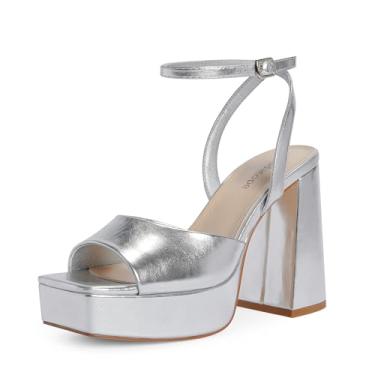 Imagem de Modatope Salto plataforma para mulheres, sandálias plataformas, salto grosso, bico aberto, tira no tornozelo, sapatos femininos para festa de casamento, A - prata, 35