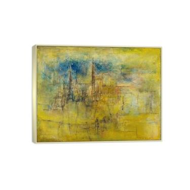 Imagem de MUHJDYC Zao Wou-ki Pintura famosa abstrata - imagem de arte em tela - arte de parede para sala de estar - reprodução de impressões (amarelo) moldura prata 30x40cm-12x16in