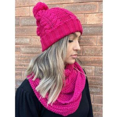 Imagem de Conjunto Kit Touca Pompom E Cachecol Liso Gola Infinita De Lã Tricot E