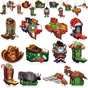 Imagem de Cowboy ocidental enfeites de árvore de natal chapéu de cowboy azevinho bota de cowboy revólver ocidental papai noel cavalos de vaca sela de madeira ornamentos pendurados para festa decoração de árvore de natal (36, cowboy ocidental)