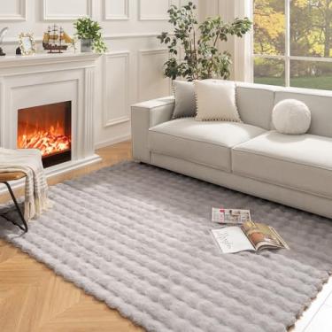 Imagem de Ashler Tapete de pele de coelho sintético para o Natal, cinza claro 1,8 x 2,5 m, tapete felpudo retangular lavável à máquina para sala de estar, quarto, berçário - em forma de bolha 3D
