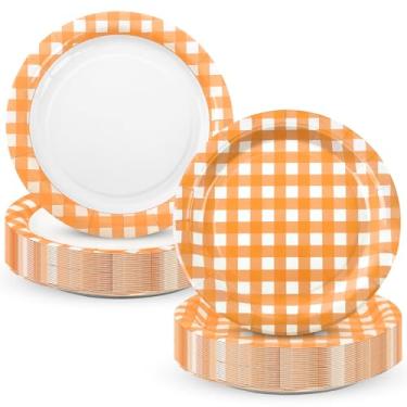 Imagem de Houuqe 48 peças de pratos de festa de guingão laranja 22,5 cm pratos de sobremesa xadrez xadrez descartável prato de papel laranja e branco para outono piquenique churrasco aniversário verão jantar