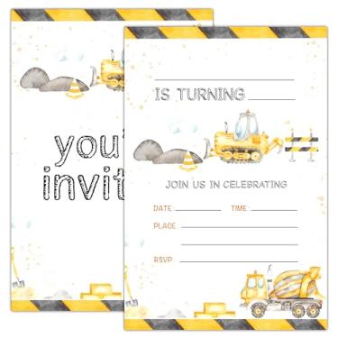 Imagem de JJOINUS Convites de festa de aniversário de escavadeira de construção, adesivos de convites temáticos de construção para meninos e crianças, 20 preenchimento de dupla face, artigos de festa de