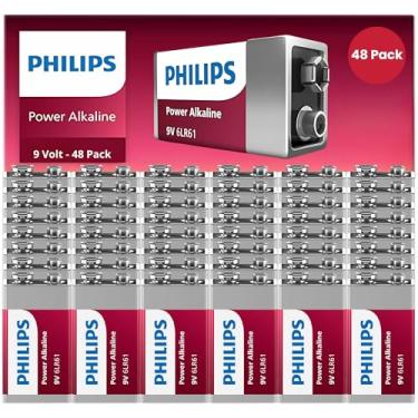 Imagem de PHILIPS Pacote com 48 baterias de 9 volts, baterias alcalinas de 9 V para detector de fumaça, potência de longa duração até 10 anos de armazenamento, design à prova de vazamento de bateria 9V