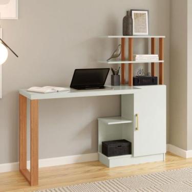 Imagem de Mesa Escrivaninha Industrial 1 Porta 100% Mdf Off White/Freijó/Gold F1