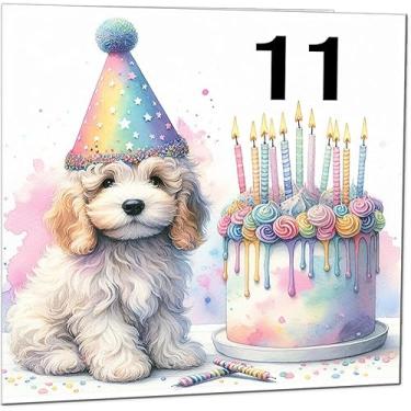 Imagem de Cartão de aniversário para crianças de 11 anos - Cartão de aniversário de arco-íris em aquarela de cachorro fofo para crianças de 11 anos, onze, décimo primeiro