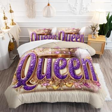 Imagem de AILONEN Lindo conjunto de edredom Queen Crown Queen Size - diamantes rosa e roxo para meninas e mulheres - edredom macio com coroa dourada 3D + 2 fronhas - 3 peças