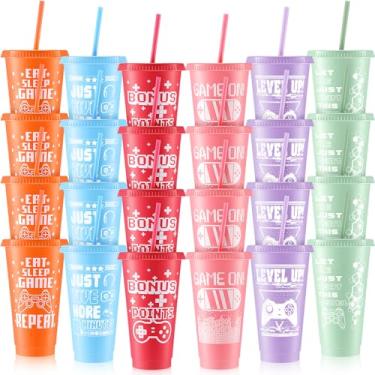 Imagem de Mifoci Copos de plástico de videogame com tampas e canudos, copo reutilizável com tampa e palha, copos de viagem fofos de café gelado, garrafa de água para adultos, crianças, jogos, suprimentos de