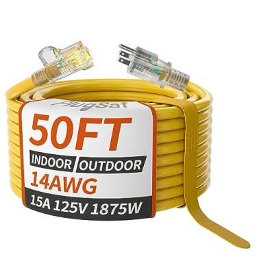 Imagem de PlugSaf Cabo de extensão amarelo calibre 14/3 para uso externo, 15 m, à prova d'água com indicador iluminado, à prova de intempéries a frio -40 °C, cabo de extensão flexível de 3 pinos externo, 15A