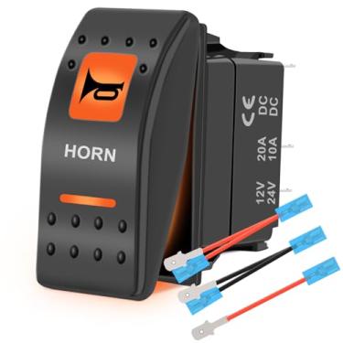 Imagem de HOKAAER Interruptor De Buzina Momentâneo À Prova D'Água 12V/20A 24V/10A 5 Pinos Spst Mom (Liga/Desliga) Laranja Com Retroiluminação, Conjunto Fios Ligação Para Carro, Caminhão, Barco Marinho, Rv, Su