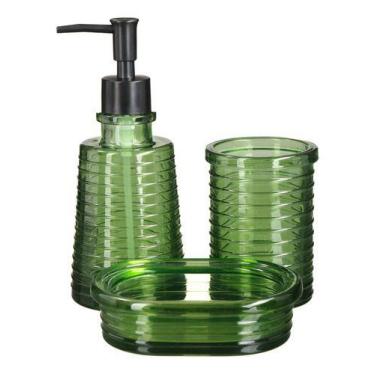 Imagem de Kit Lavabo Verde Banheiro Vidro Porta Sabonete Líquido Saboneteira - P