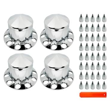 Imagem de KRGUOD Kit de capas de porca de eixo traseiro Semi Truck 4 com tampas de porca rosqueada de 32/33 mm, tampas removíveis de 10 furos, plástico ABS cromado (ferramenta de instalação incluída).