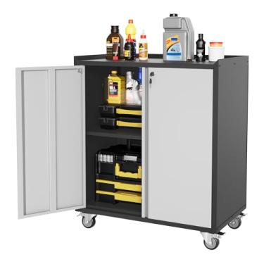 Imagem de CuisinSmart Armário de armazenamento de garagem de 90 cm de altura com rodas, caixa de ferramentas de rolamento de aço com alça, armário de armazenamento de metal com 1 prateleira, cinza claro e cinza