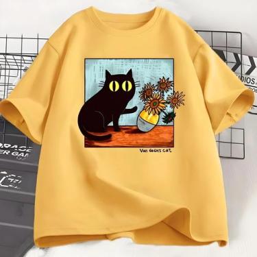 Imagem de Camiseta Gráfica De Gato Preto Flor Masculina Feminina Van Gogh Gola R