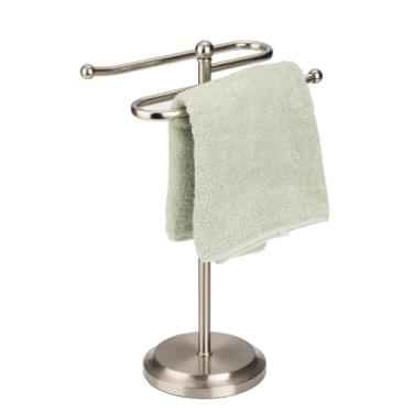 Imagem de J&V TEXTILES Suporte de toalheiro de aço clássico com 2 anéis de pendurar para bancadas de banheiro - Suporte de toalha de mão com economia de espaço (níquel acetinado escovado)