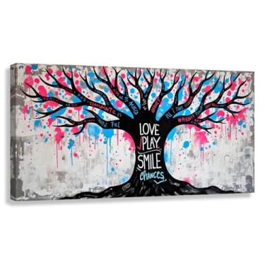 Imagem de Árvore da Vida Arte de Parede Impressão em Tela Decoração Vibrante Rosa Azul Sala de Estar Quarto Motivacional 60x30cmx1