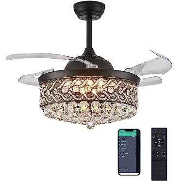 Imagem de DuMaiWay Ventilador de teto de cristal reversível com luzes e ventilador retrátil remoto lustre silencioso lustre moderno regulável LED kit de luz de ventilador para quarto sala de jantar 42 polegadas
