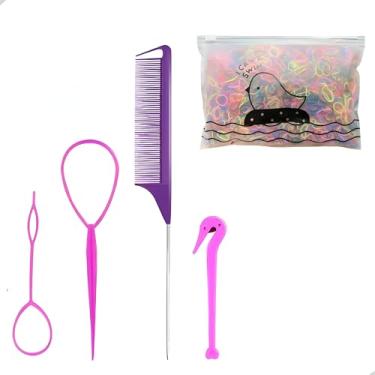 Imagem de Kit 4 Acessórios para Penteado Pente Agulhas e Tira Laço Baby Hair Penteado Infantil Penteado Adulto + 1 mil elástico descartáveis (liguinhas) (Lilás)