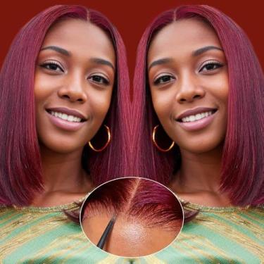 Imagem de GUDOZO 99J Peruca Bob Borgonha Cabelo Humano 30 cm 4x4 HD Lace Front Sem Cola Perucas de Cabelo Humano Pré-Arrancado Pré-Cortado Densidade 180% Perucas Curtas Lisas Bob Perucas para Mulheres Negras