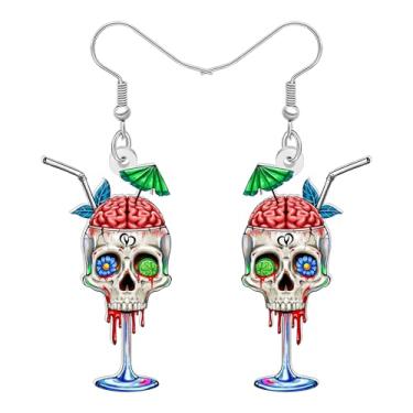 Imagem de LONYOO Brincos de caveira de chapéu de bruxa de Halloween com pingente de acrílico com taças de vinho, joias do Dia dos Mortos, presentes de caveira assustadora para mulheres, fantasias de decoração