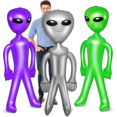 Imagem de BBTO 3 peças de brinquedo inflável alienígena inflável para decoração de festa, Halloween, aniversário, festa temática alienígena (167 cm, verde, roxo, prata)